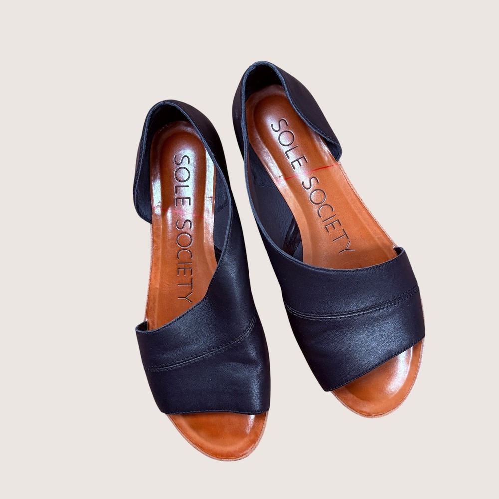 Sole Society Black Leather Peep Toe d'Orsay Flats Asymmetrical Sandals Size 8.5M